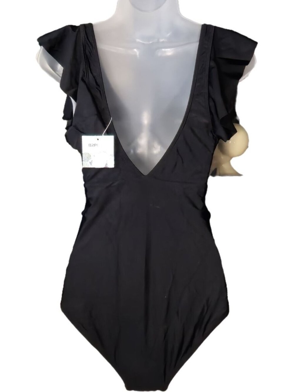 Womens Ruffle Sleeve One-Piece Swimsuit M Black Cut-Out Tummy Control Lined - Picture 8 of 8